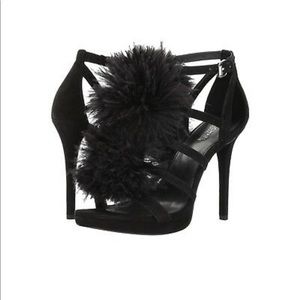 Michael Kors Black Fara Feather Pom Pom High Heels Like New~